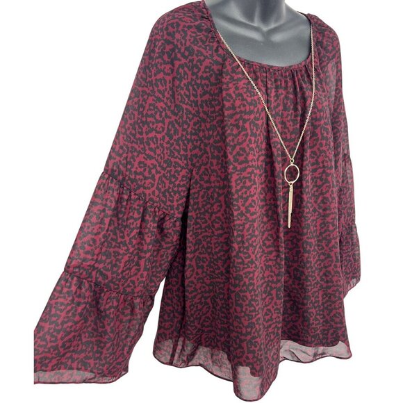 JM Collection Women XL Cherry Pie Red Black Leopard Blouse Long Bell Sleeve New - Picture 4 of 9